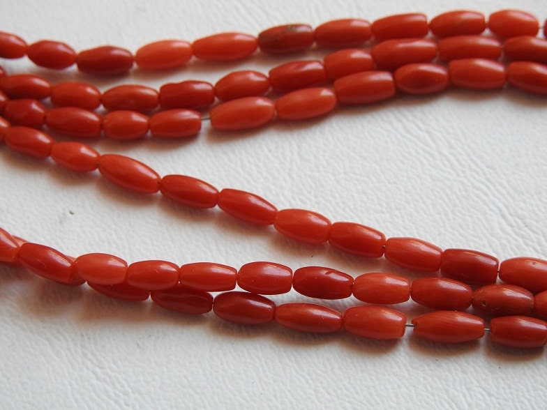 Natural Red Coral Smooth Polished Barrel Bead Strand, Drum Cylinder Rice Shape Coral Beads for Jewelry Making, 14Inches 8x3mm to 5x3mm