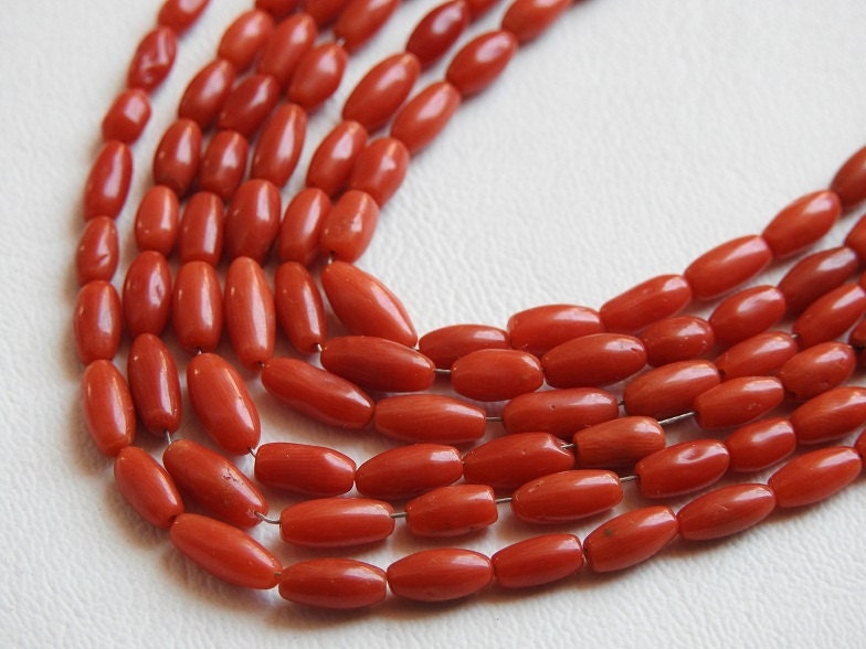 Natural Red Coral Smooth Polished Barrel Bead Strand, Drum Cylinder Rice Shape Coral Beads for Jewelry Making, 14Inches 8x3mm to 5x3mm