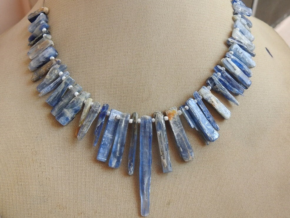 Raw Blue Kyanite Sticks Top Drilled Point Beads, 8" Strand Rough Natural Crystal Shards 10-25mm, Boho Jewelry Crafting Supplies R6
