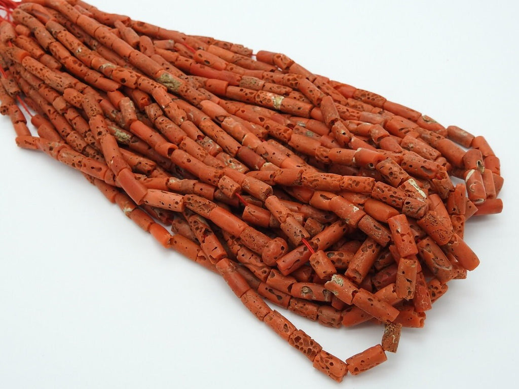 Natural Red Coral Bead-Smooth Polished-Tube Barrel Cylinder Shape-16Inch 7X4To10X4MM Approx-Wholesaler Supplies-New Arrival BK-CR2
