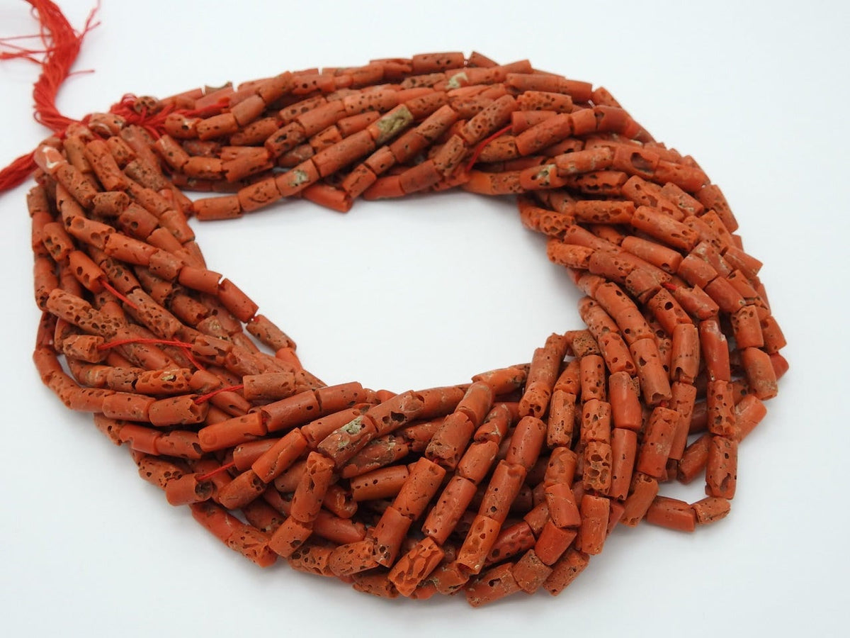Natural Red Coral Bead-Smooth Polished-Tube Barrel Cylinder Shape-16Inch 7X4To10X4MM Approx-Wholesaler Supplies-New Arrival BK-CR2