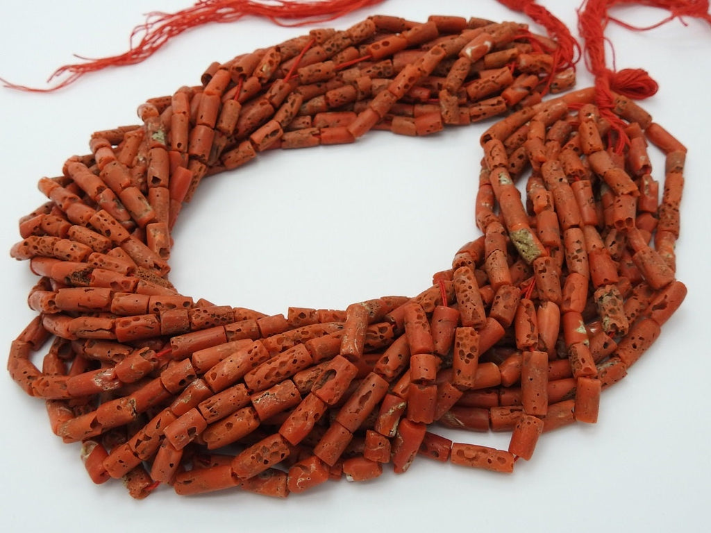 Natural Red Coral Bead-Smooth Polished-Tube Barrel Cylinder Shape-16Inch 7X4To10X4MM Approx-Wholesaler Supplies-New Arrival BK-CR2