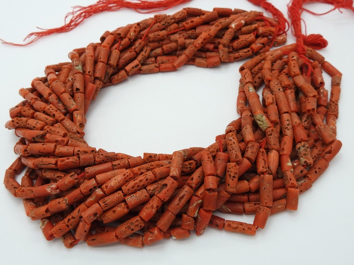 Natural Red Coral Bead-Smooth Polished-Tube Barrel Cylinder Shape-16Inch 7X4To10X4MM Approx-Wholesaler Supplies-New Arrival BK-CR2