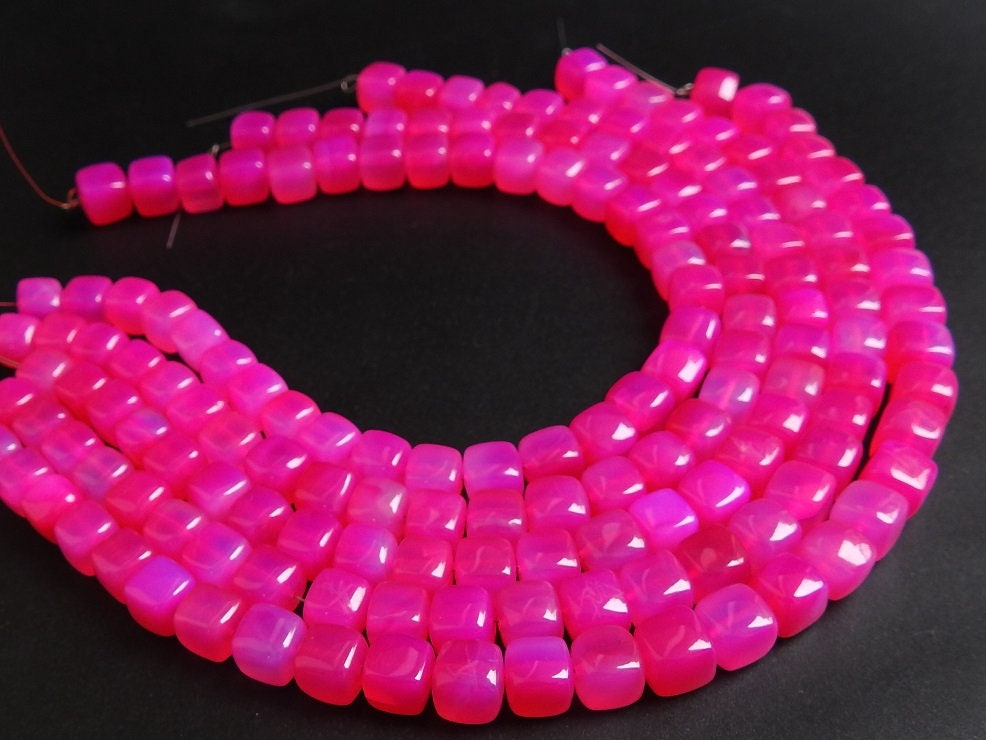 Pink Chalcedony Cube Beads, Smooth Polished Box Shape 9 Inch Strand, Wholesale Price Rubellite Color Loose Gemstone for DIY Jewelry Crafts