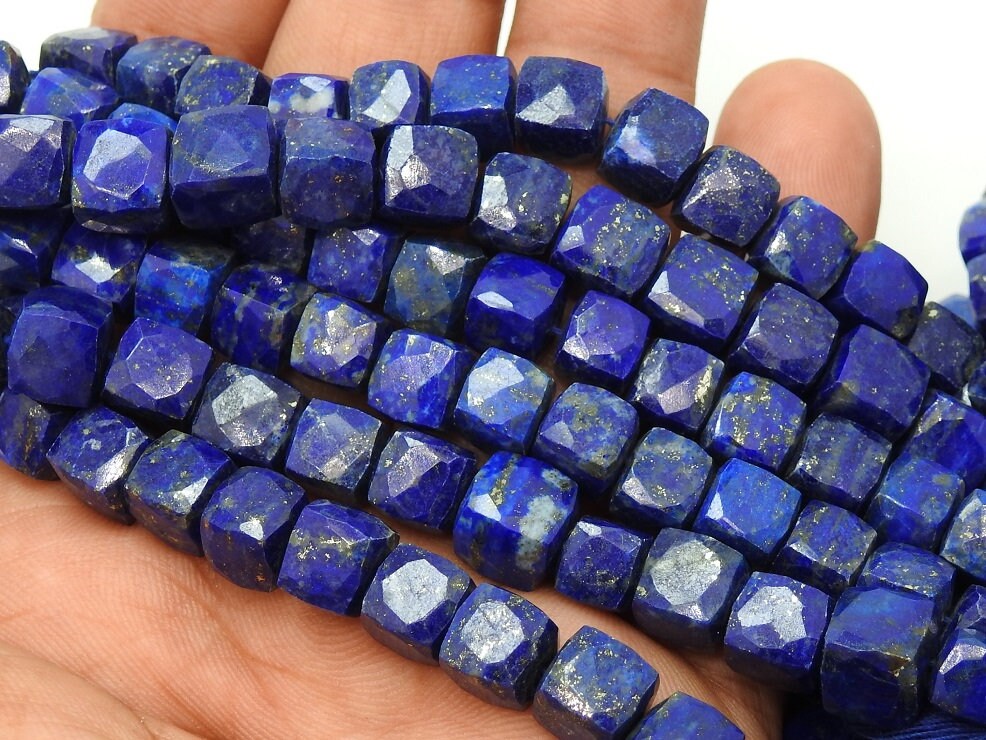 Lapis Lazuli Faceted Cube Beads Cuboid Shape 10 Inch Strand 7-8MM Approx Wholesale Supplies Natural Stone Crafting Beads Bulk Supply PME-CB2