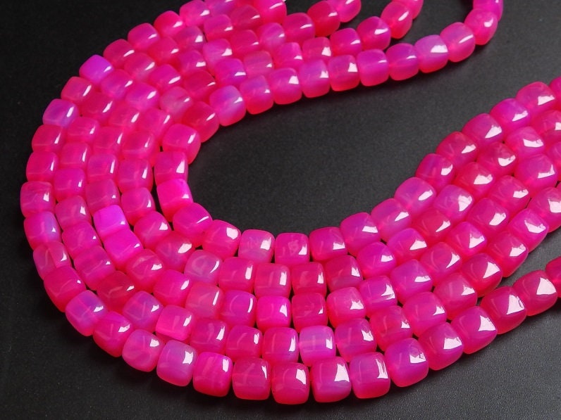 Pink Chalcedony Cube Beads, Smooth Polished Box Shape 9 Inch Strand, Wholesale Price Rubellite Color Loose Gemstone for DIY Jewelry Crafts