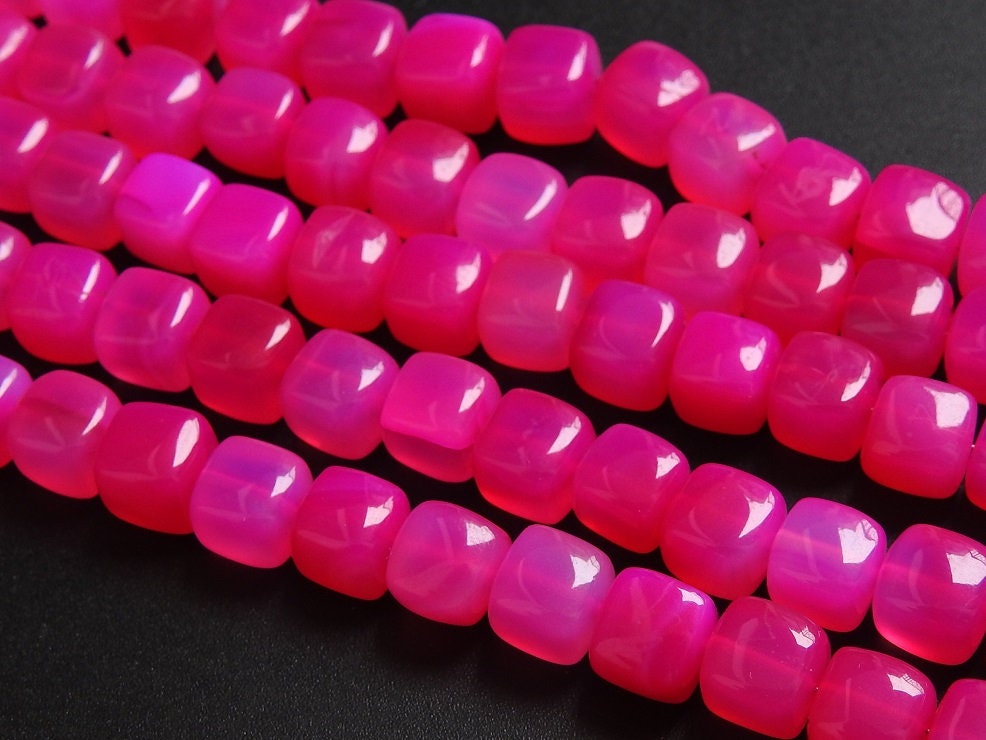 Pink Chalcedony Cube Beads, Smooth Polished Box Shape 9 Inch Strand, Wholesale Price Rubellite Color Loose Gemstone for DIY Jewelry Crafts