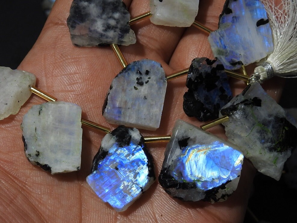 White Rainbow Moonstone Polished Slice Strand, 11 Piece 20-25mm Multi Fire Raw Gemstones, Loose Freeform Slabs for Statement Jewelry Making