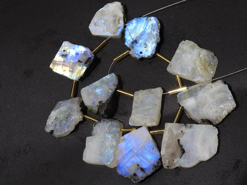 White Rainbow Moonstone Polished Slice Strand, 11 Piece 20-25mm Multi Fire Raw Gemstones, Loose Freeform Slabs for Statement Jewelry Making