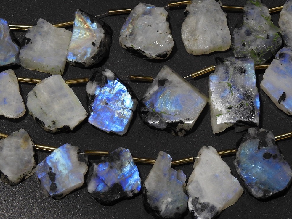 White Rainbow Moonstone Polished Slice Strand, 11 Piece 20-25mm Multi Fire Raw Gemstones, Loose Freeform Slabs for Statement Jewelry Making