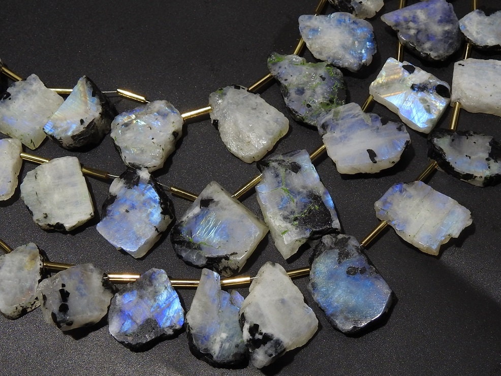 White Rainbow Moonstone Polished Slice Strand, 11 Piece 20-25mm Multi Fire Raw Gemstones, Loose Freeform Slabs for Statement Jewelry Making