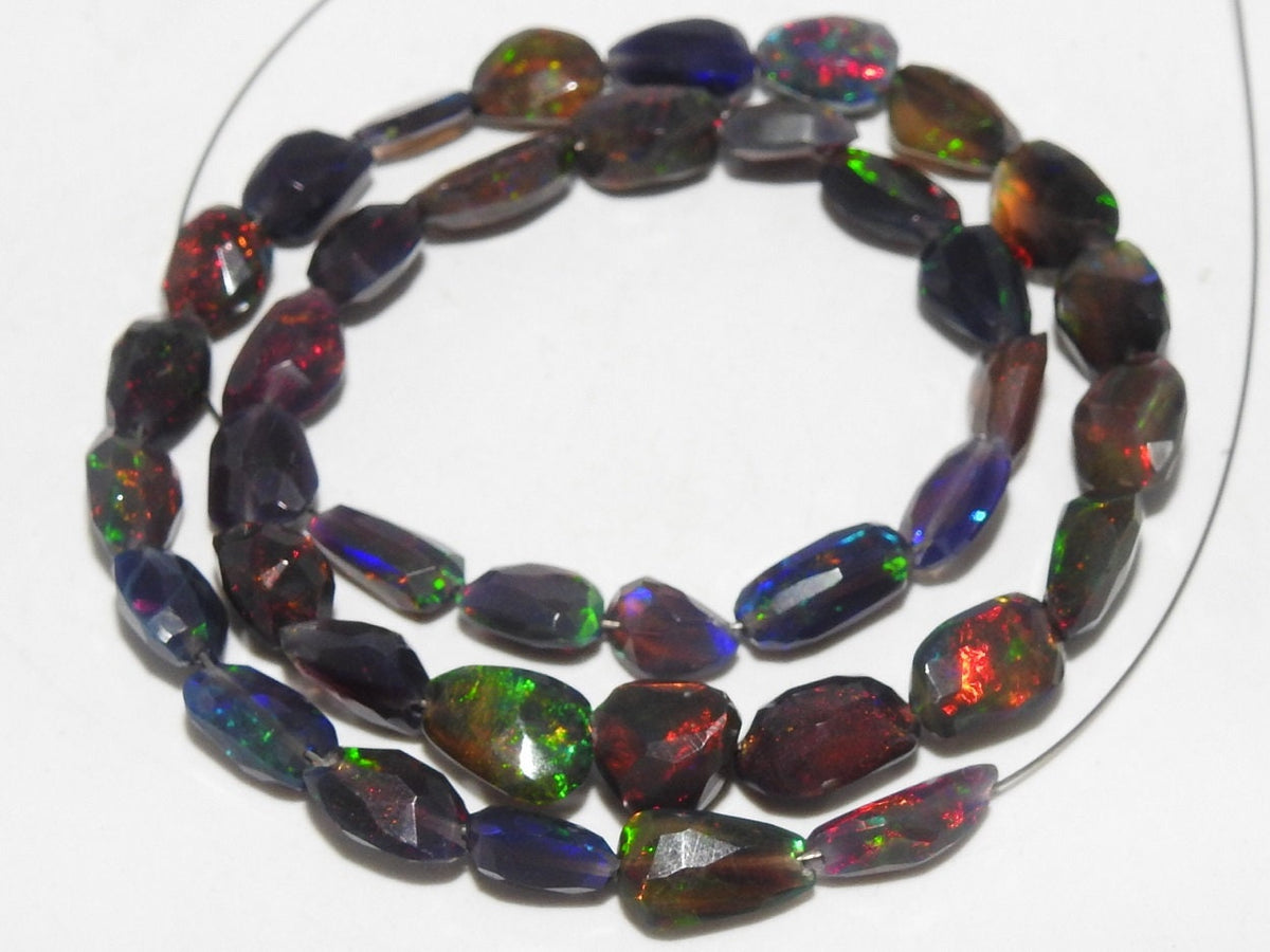 Ethiopian Black Fire Opal Nugget Beads 12 Inches, Faceted Multi Flashy Gemstone Strand 8x5-5x4mm, October Birthstone Loose Beads DIY