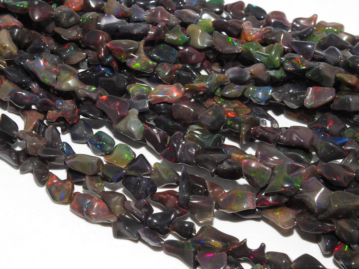 Natural Ethiopian Black Opal Polished Tumble Nuggets | Multi Fire Flash Raw Opal Beads for Jewelry Making | 10x7mm - 7x6mm, 8" Strand MS-EO2