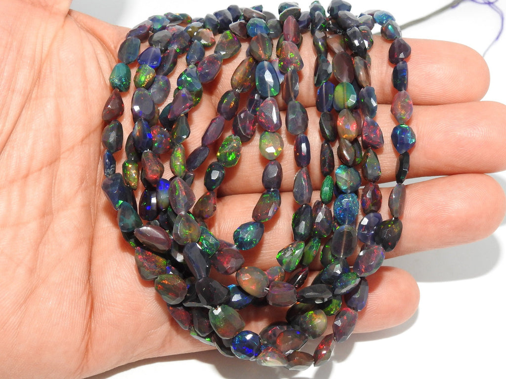 Ethiopian Black Fire Opal Nugget Beads 12 Inches, Faceted Multi Flashy Gemstone Strand 8x5-5x4mm, October Birthstone Loose Beads DIY