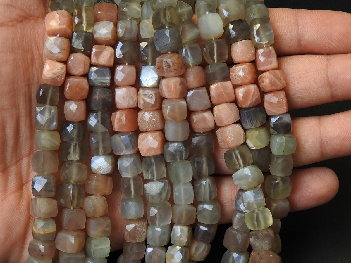 Natural Multi Moonstone Faceted Cube Beads, 8 Inch Strand Box Shape Cuboid Loose Gemstone, Wholesale Crystals for Jewelry Making Supply