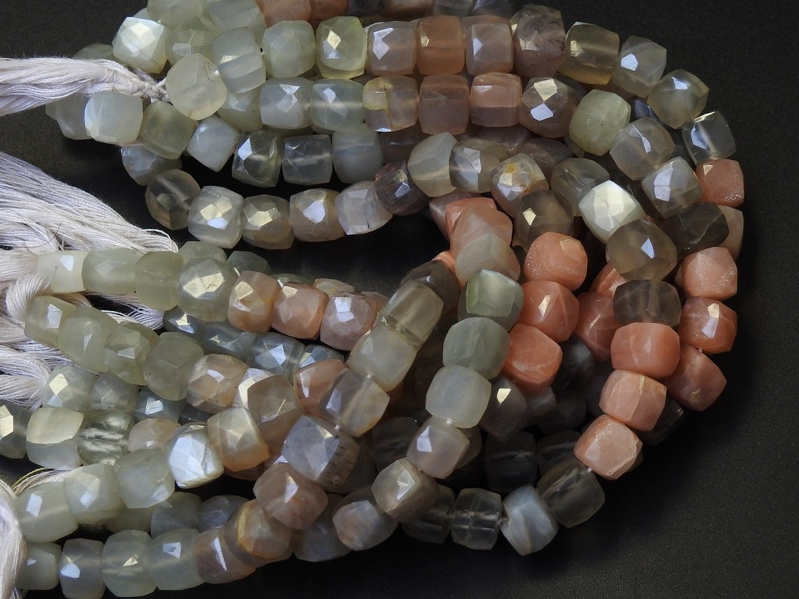 Natural Multi Moonstone Faceted Cube Beads, 8 Inch Strand Box Shape Cuboid Loose Gemstone, Wholesale Crystals for Jewelry Making Supply