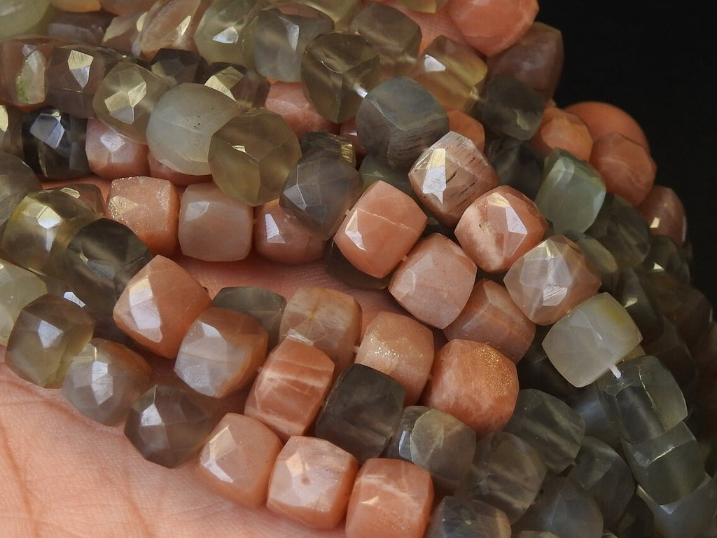 Natural Multi Moonstone Faceted Cube Beads, 8 Inch Strand Box Shape Cuboid Loose Gemstone, Wholesale Crystals for Jewelry Making Supply