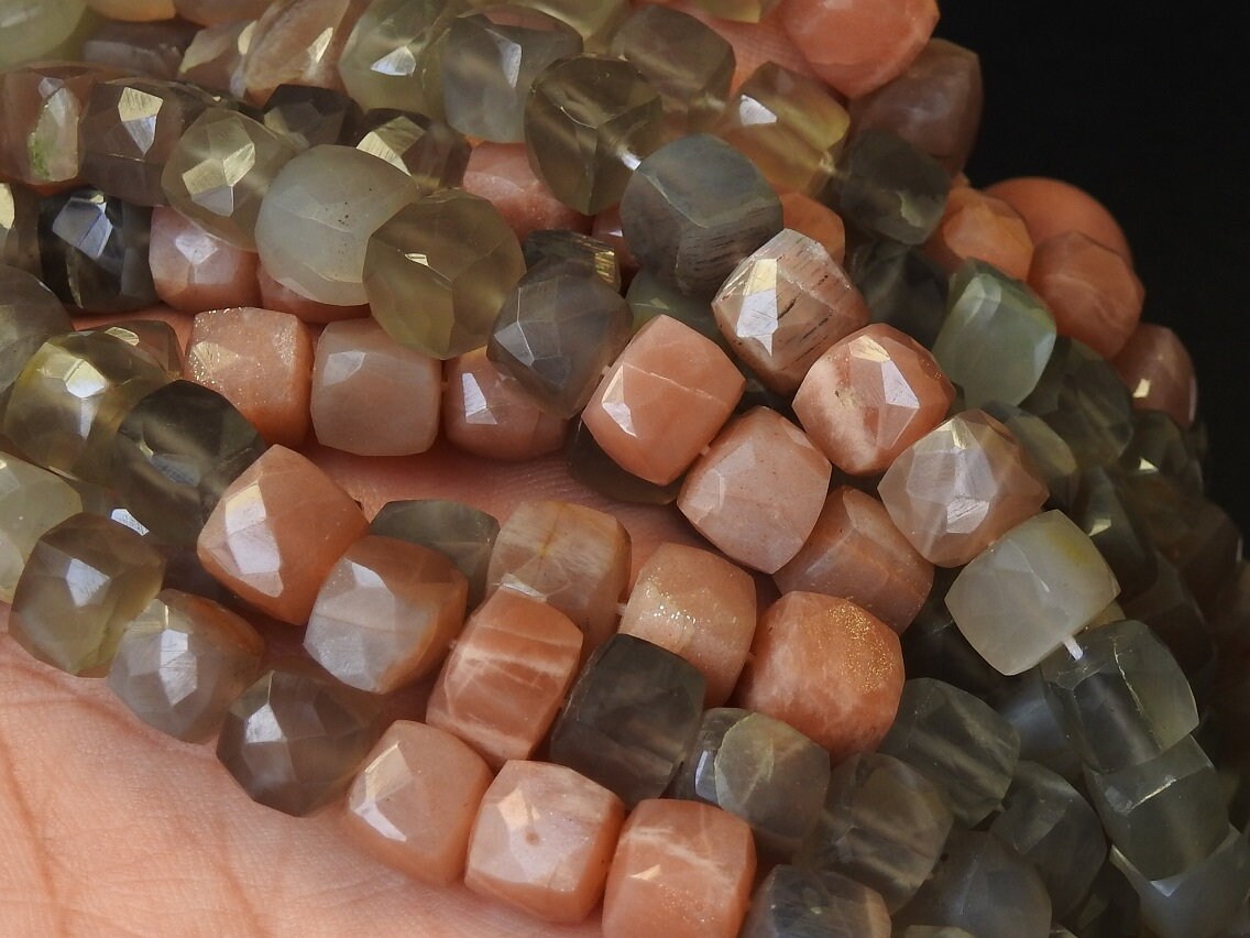 Natural Multi Moonstone Faceted Cube Beads, 8 Inch Strand Box Shape Cuboid Loose Gemstone, Wholesale Crystals for Jewelry Making Supply