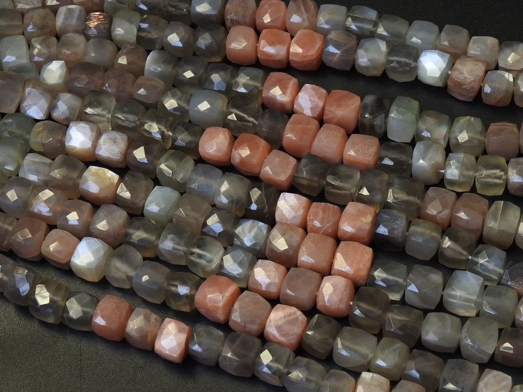 Natural Multi Moonstone Faceted Cube Beads, 8 Inch Strand Box Shape Cuboid Loose Gemstone, Wholesale Crystals for Jewelry Making Supply