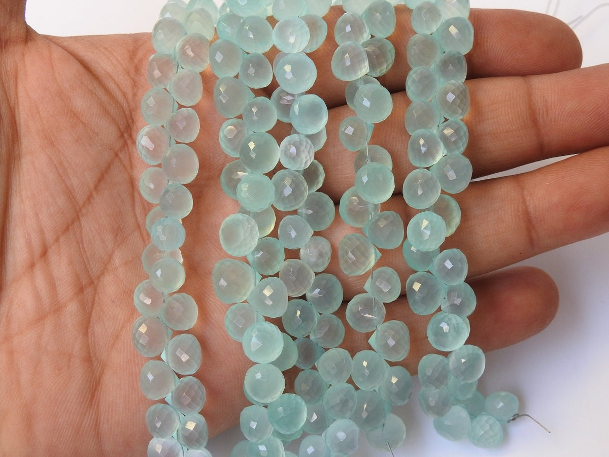 Aqua Blue Chalcedony Faceted Onion Shape Briolette 4Inch Strand 8X8To6X6MM Wholesaler Supplies New Arrival PME-CY2
