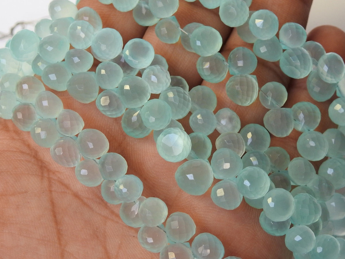 Aqua Blue Chalcedony Faceted Onion Shape Briolette 4Inch Strand 8X8To6X6MM Wholesaler Supplies New Arrival PME-CY2