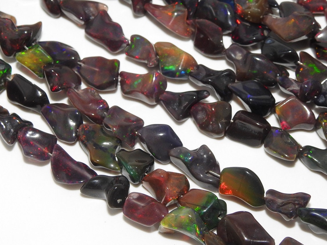 Natural Ethiopian Black Opal Polished Tumble Nuggets | Multi Fire Flash Raw Opal Beads for Jewelry Making | 10x7mm - 7x6mm, 8" Strand MS-EO2