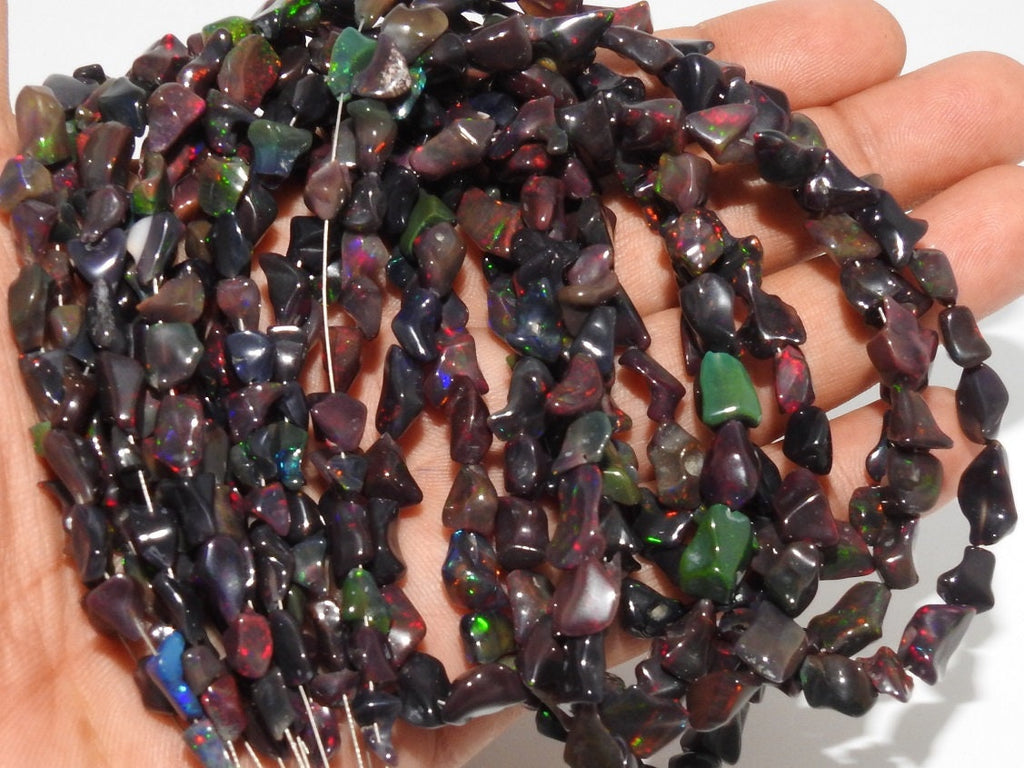 Natural Ethiopian Black Opal Polished Tumble Nuggets | Multi Fire Flash Raw Opal Beads for Jewelry Making | 10x7mm - 7x6mm, 8" Strand MS-EO2