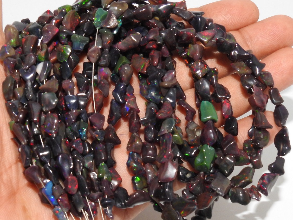 Natural Ethiopian Black Opal Polished Tumble Nuggets | Multi Fire Flash Raw Opal Beads for Jewelry Making | 10x7mm - 7x6mm, 8" Strand MS-EO2