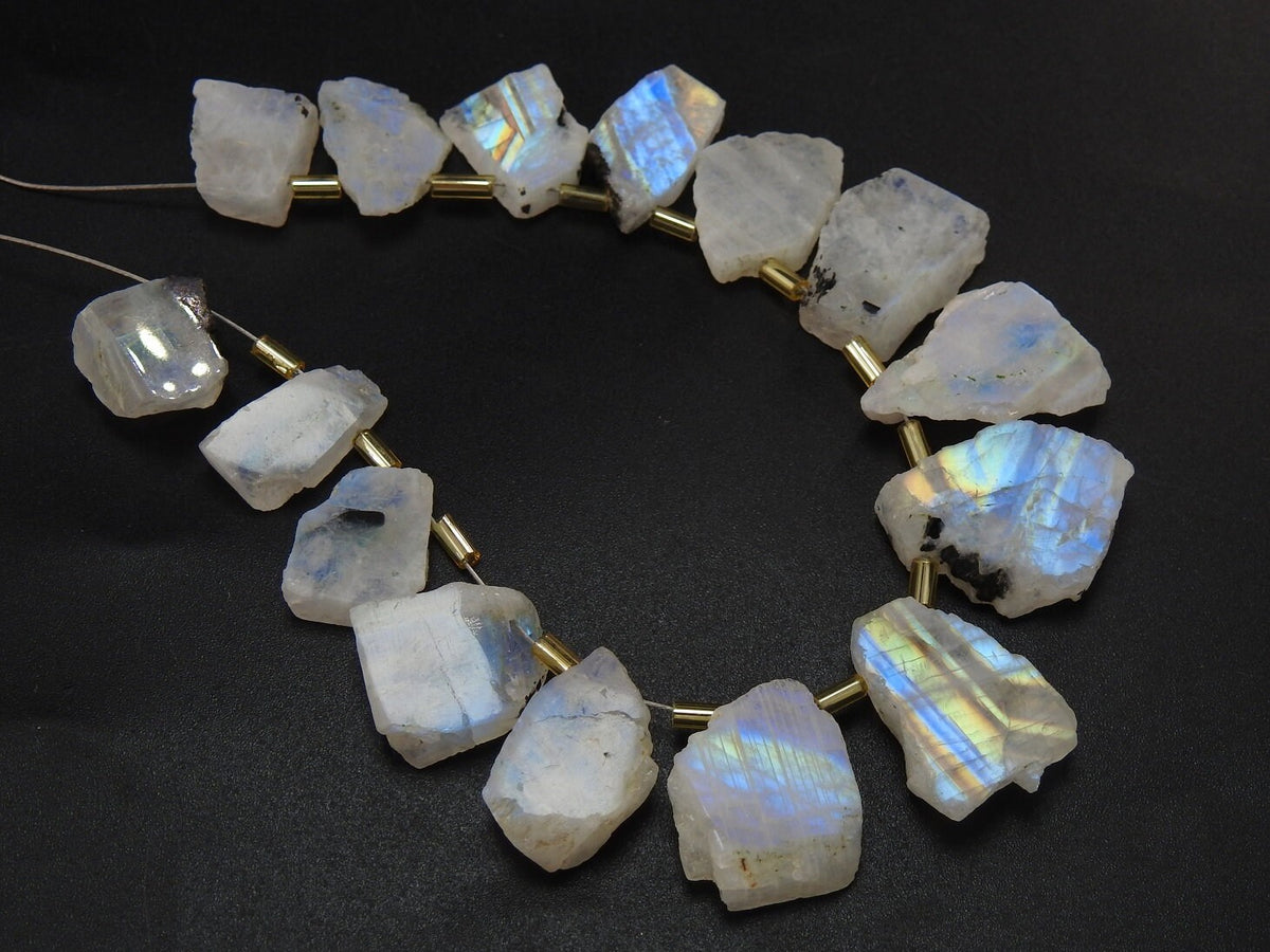 White Rainbow Moonstone Multi Flashy Fire Natural Polished Rough Slice Loose Raw Stone 15Piece Strand 25To12mm Long Approx Gemstone Crystal