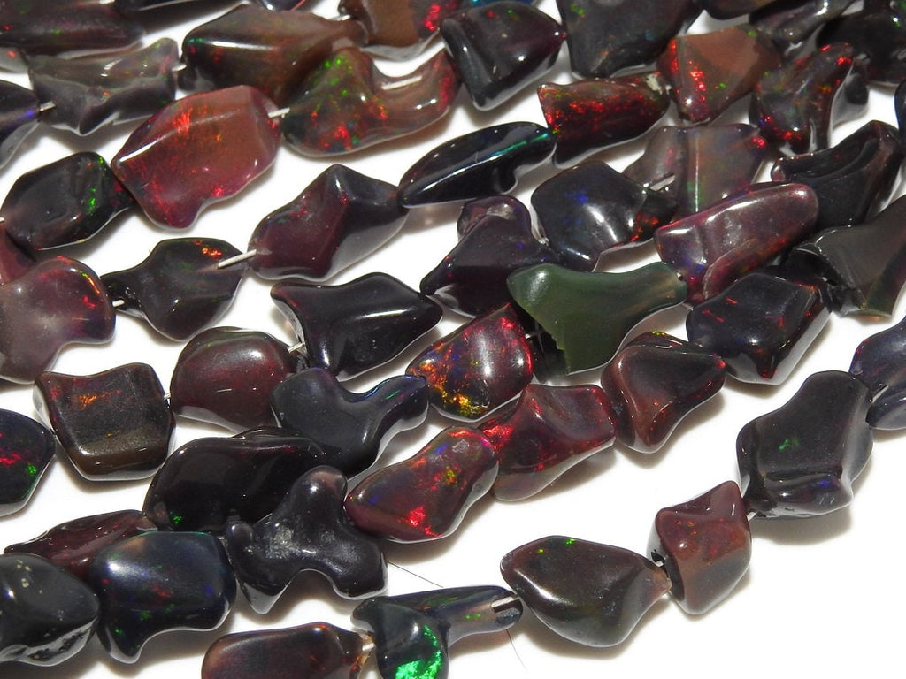 Natural Ethiopian Black Opal Polished Tumble Nuggets | Multi Fire Flash Raw Opal Beads for Jewelry Making | 10x7mm - 7x6mm, 8" Strand MS-EO2