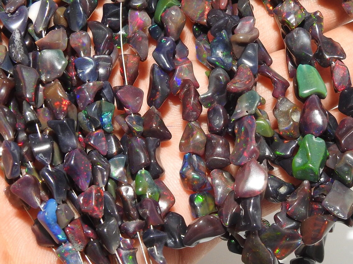 Natural Ethiopian Black Opal Polished Tumble Nuggets | Multi Fire Flash Raw Opal Beads for Jewelry Making | 10x7mm - 7x6mm, 8" Strand MS-EO2