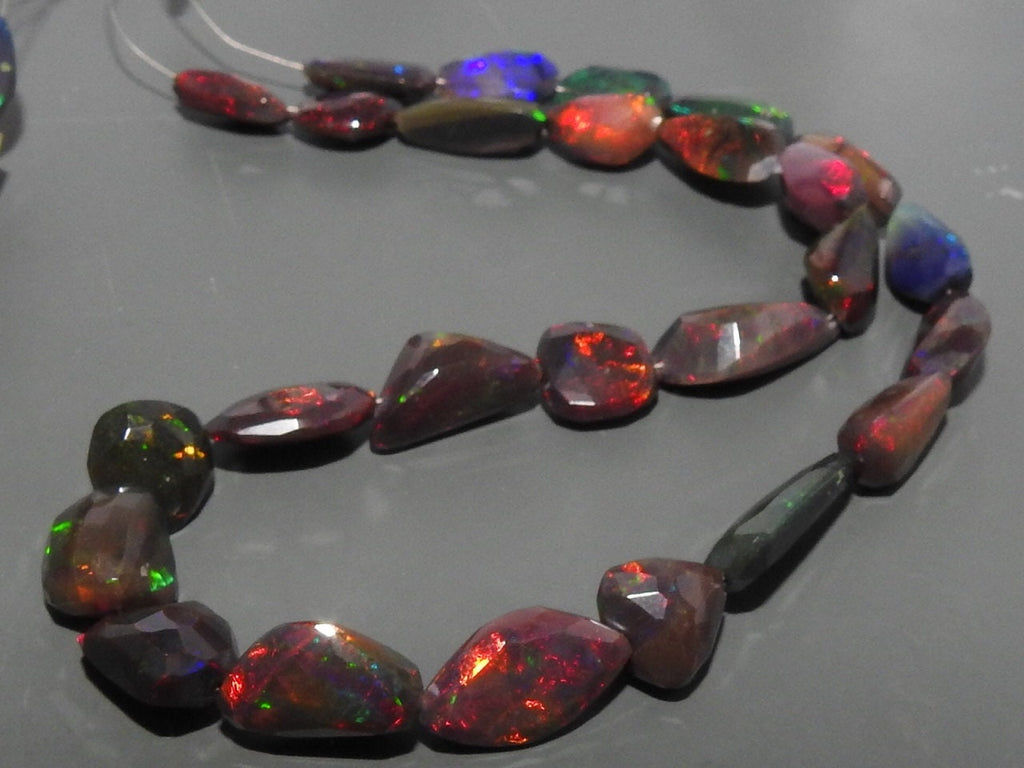 Faceted Ethiopian Black Opal Bead Strand, Multi Fire Black Opal Nugget Beads, Natural Precious Opal Rondell for Jewelry Making, 8-inch