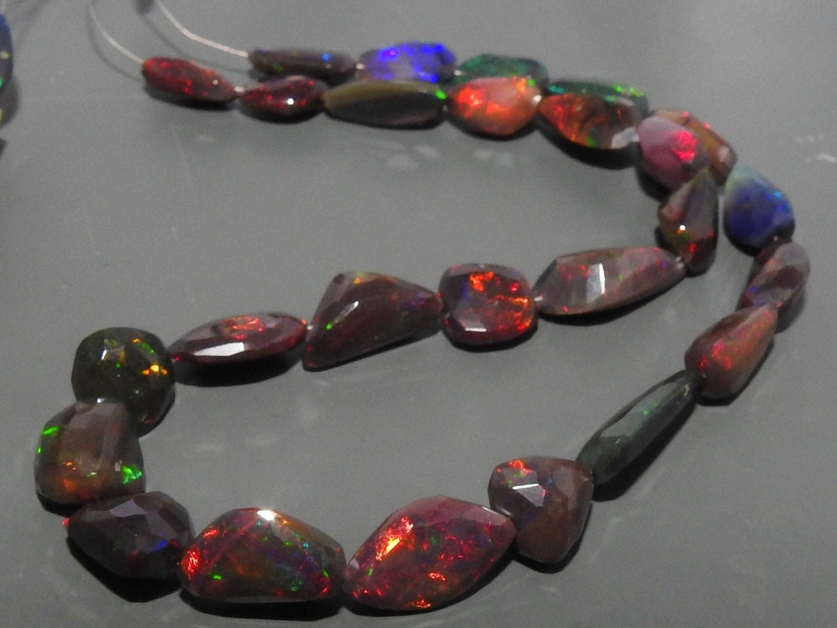 Faceted Ethiopian Black Opal Bead Strand, Multi Fire Black Opal Nugget Beads, Natural Precious Opal Rondell for Jewelry Making, 8-inch