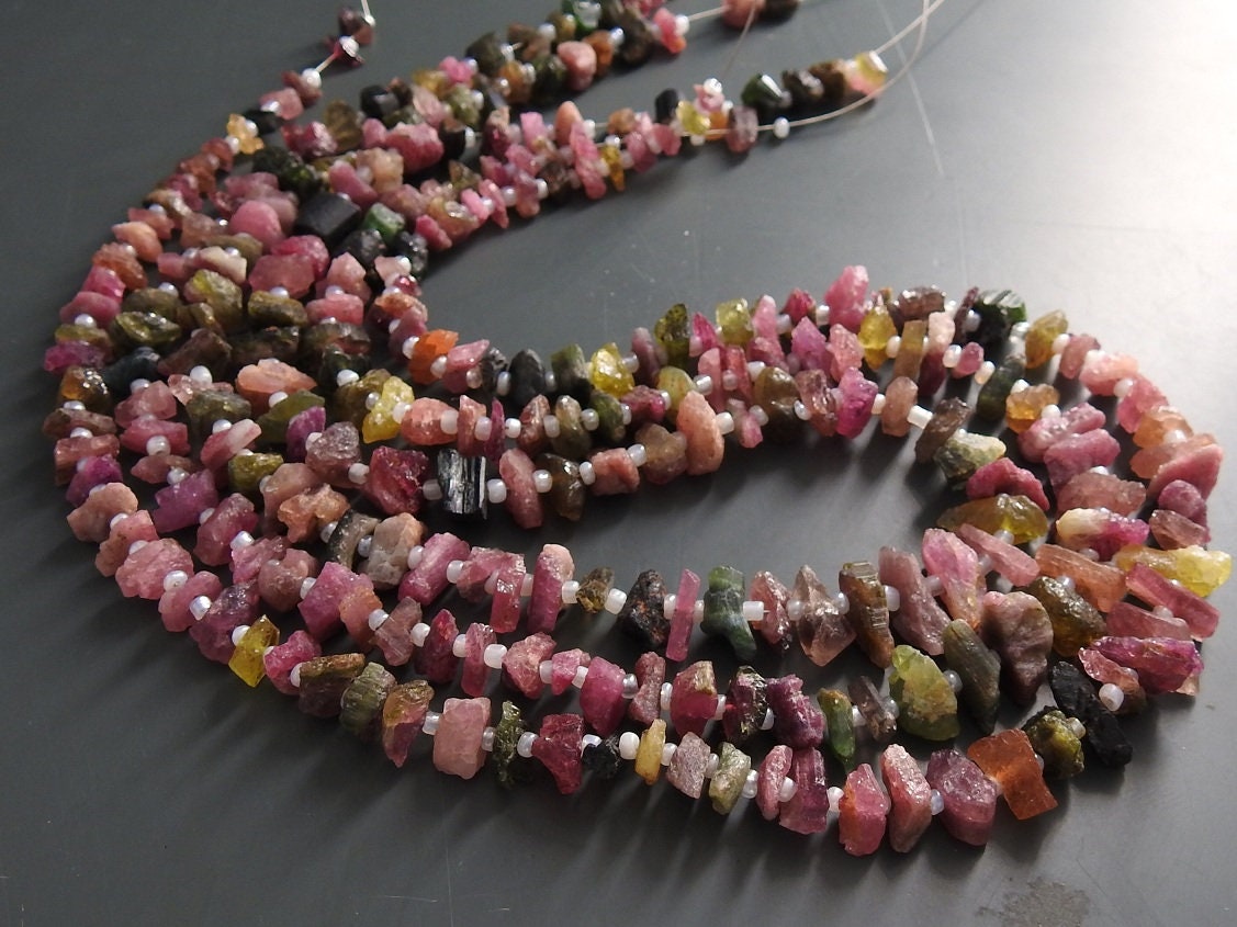 Natural Multi Tourmaline Rough Beads Uncut Chip Nugget Loose Raw Stone 16 Inch Strand Wholesale Gemstone Supplies for DIY Jewelry Making RB2