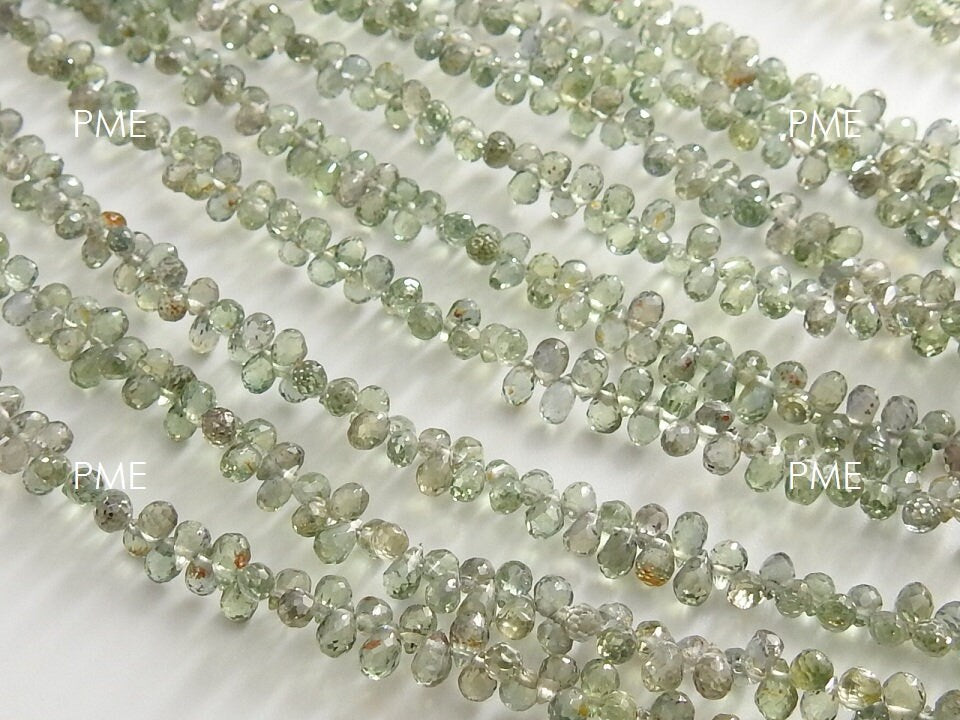 Natural Green Sapphire Faceted Drop Beads 8" Strand 3-4mm Loose Gemstone for Jewelry Makers DIY Handmade Craft Wholesale Supply PME-BR10