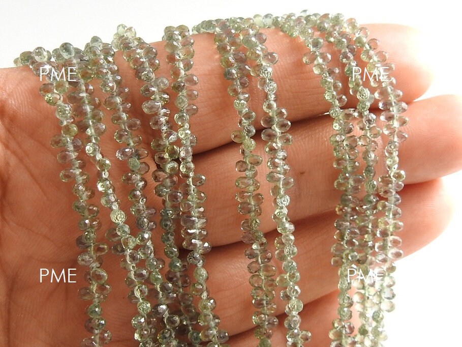 Natural Green Sapphire Faceted Drop Beads 8" Strand 3-4mm Loose Gemstone for Jewelry Makers DIY Handmade Craft Wholesale Supply PME-BR10