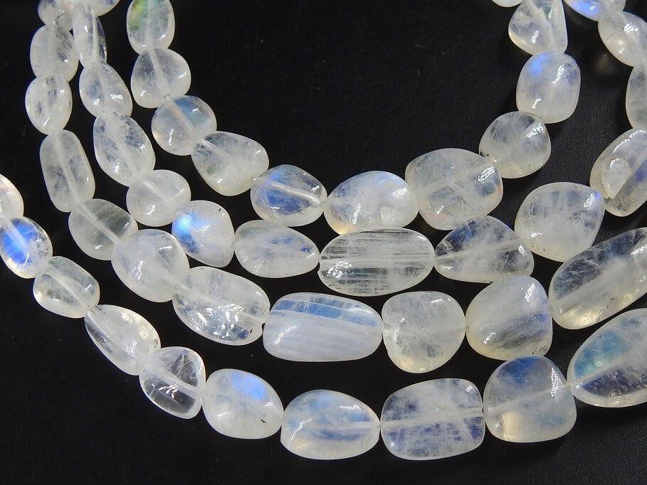 Natural White Rainbow Moonstone Tumble Beads Multi Fire Smooth Polished Gemstone Nugget 8 Inch Strand 14X8To7X5MM Approx Loose Stone Jewelry