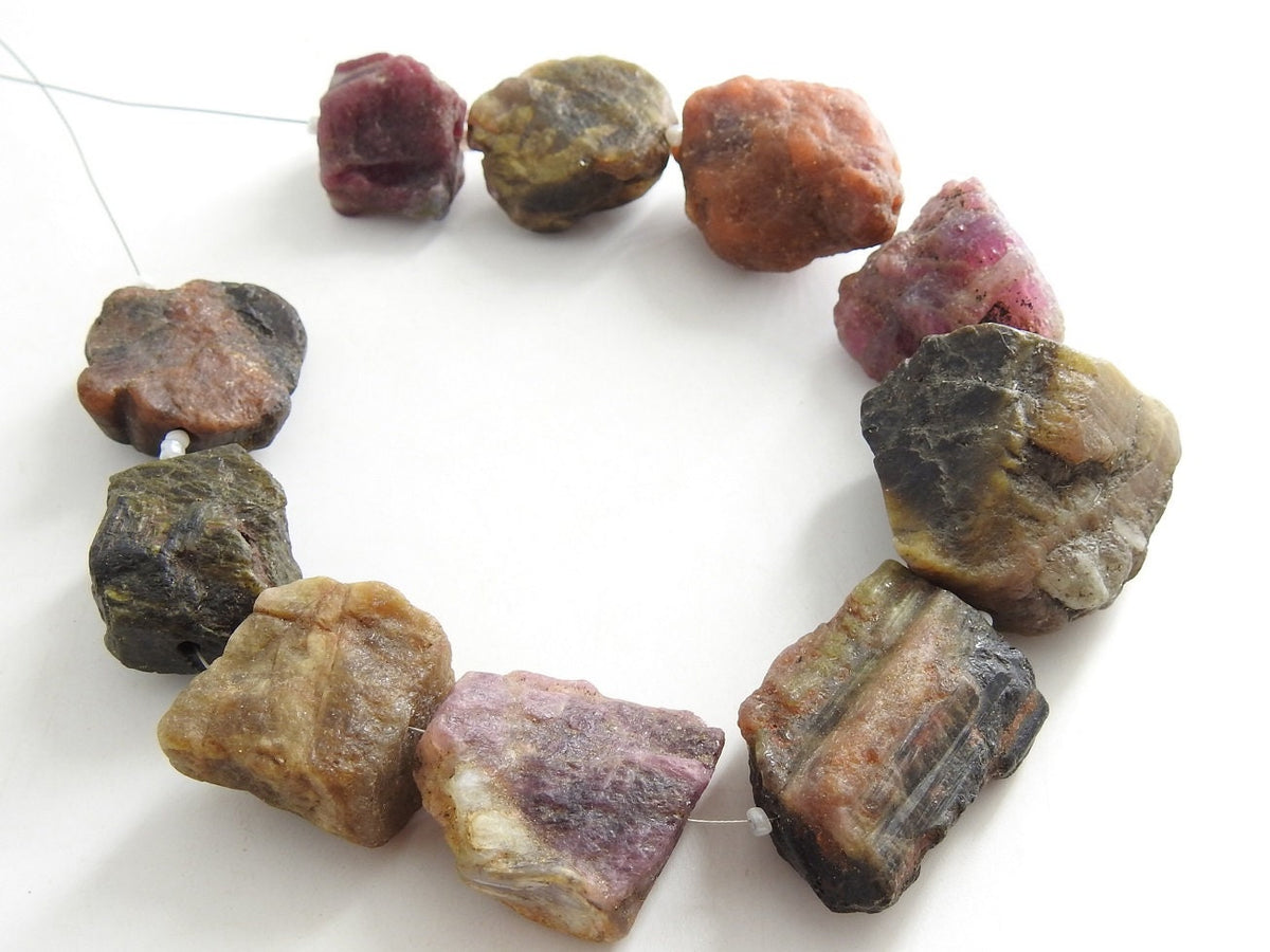 Multi Tourmaline Raw Nugget Beads | 10 Piece Strand | 28x20mm to 19x20mm | Natural Rough Tumbled Stones for Jewelry & Healing Crystal R2