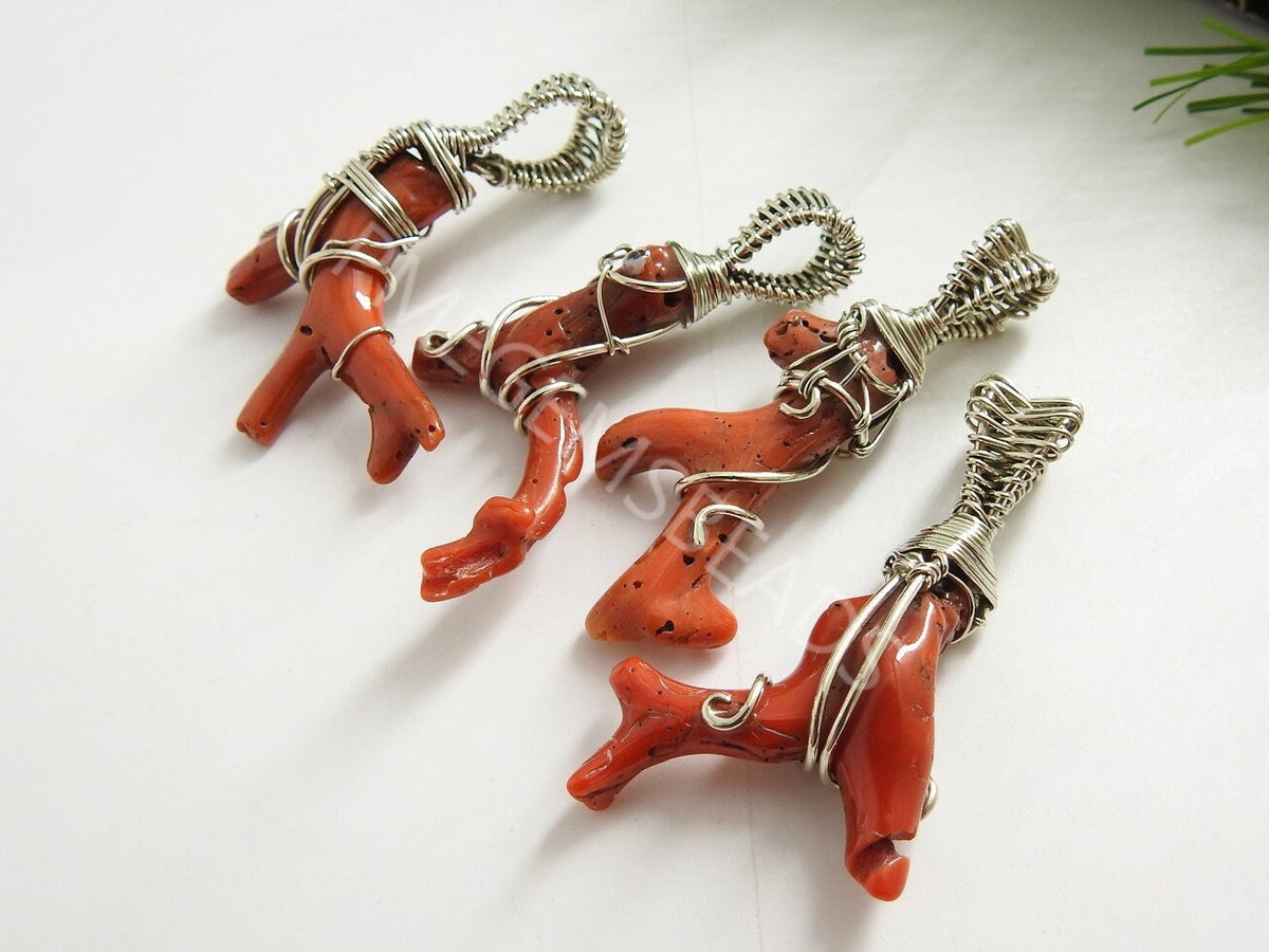 Natural Red Coral Copper Wire Wrapped Pendant, Italian Gemstone Tree of Life Necklace, Handmade Red Coral Wire Wrap Jewelry Gifts for Her