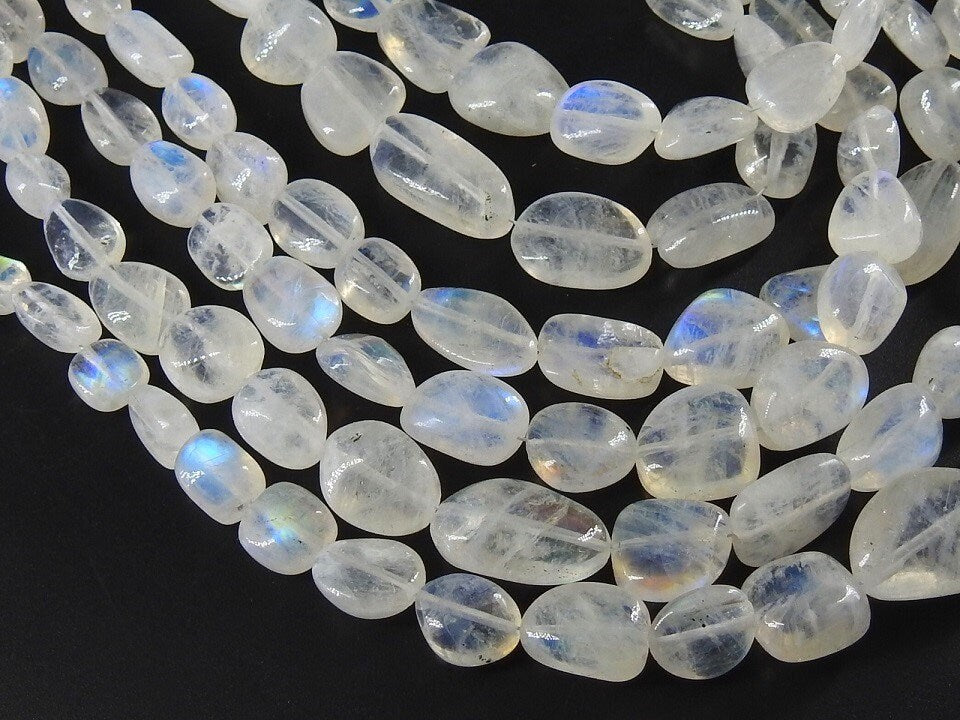 Natural White Rainbow Moonstone Tumble Beads Multi Fire Smooth Polished Gemstone Nugget 8 Inch Strand 14X8To7X5MM Approx Loose Stone Jewelry