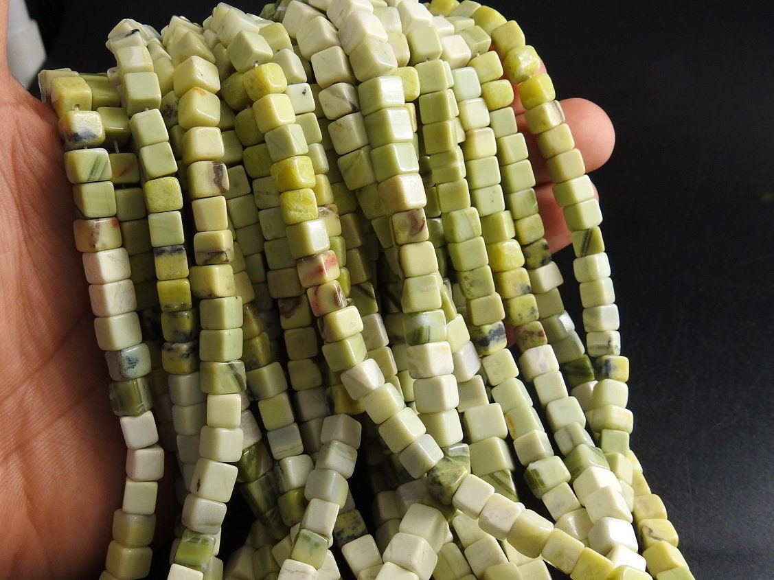 Natural Green Opal Cube Beads, Multi Shade Smooth Box Bead Strand 16", Gemstone Beads for Jewelry Making Wholesale MS-CB1