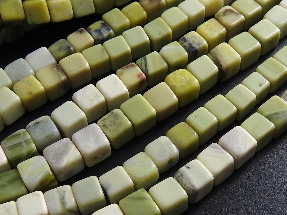 Natural Green Opal Cube Beads, Multi Shade Smooth Box Bead Strand 16", Gemstone Beads for Jewelry Making Wholesale MS-CB1