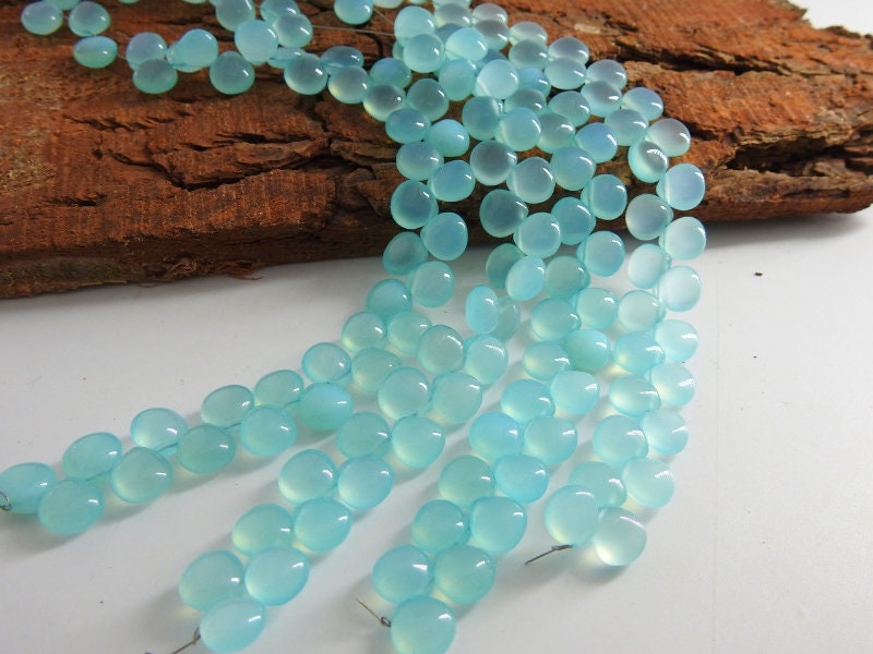 Aqua Blue Chalcedony Smooth Heart Shape Teardrop Beads, 8 Inches Strand, 8x8mm Natural Sea Foam Loose Gemstone for Jewelry Makers Supplies