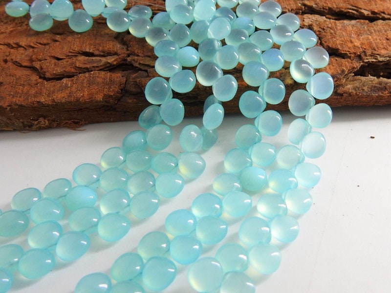 Aqua Blue Chalcedony Smooth Heart Shape Teardrop Beads, 8 Inches Strand, 8x8mm Natural Sea Foam Loose Gemstone for Jewelry Makers Supplies