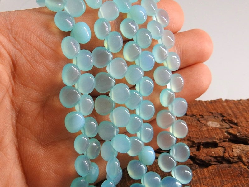 Aqua Blue Chalcedony Smooth Heart Shape Teardrop Beads, 8 Inches Strand, 8x8mm Natural Sea Foam Loose Gemstone for Jewelry Makers Supplies