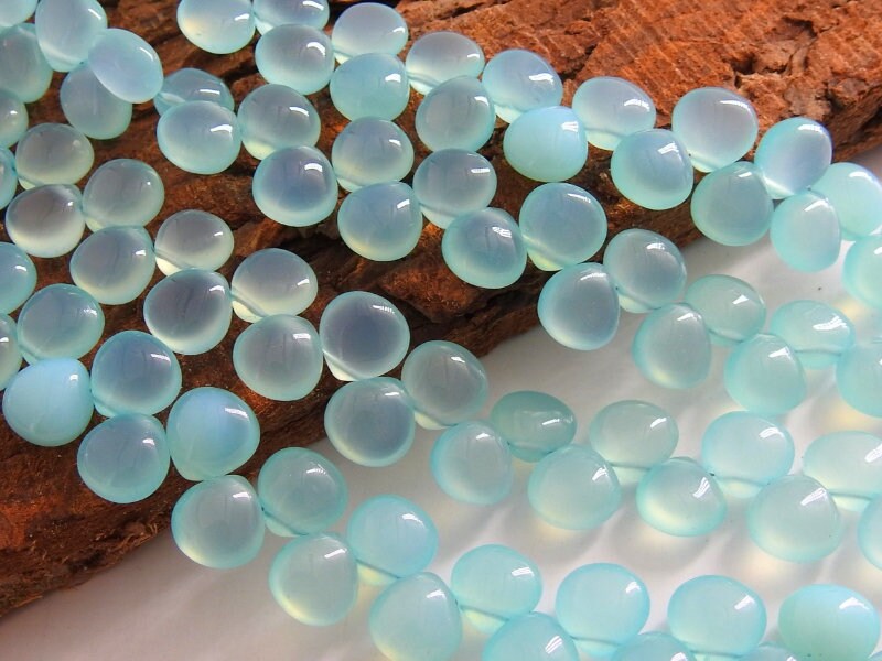 Aqua Blue Chalcedony Smooth Heart Shape Teardrop Beads, 8 Inches Strand, 8x8mm Natural Sea Foam Loose Gemstone for Jewelry Makers Supplies