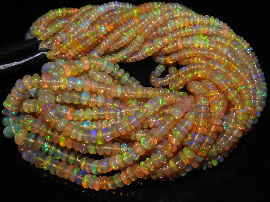 Natural Ethiopian Opal Smooth Roundel Bead Strand, Multi Flashy Fire Welo Opal Beads for Jewelry Making, 4-6mm 16 Inch Gemstone Strand MSEO2
