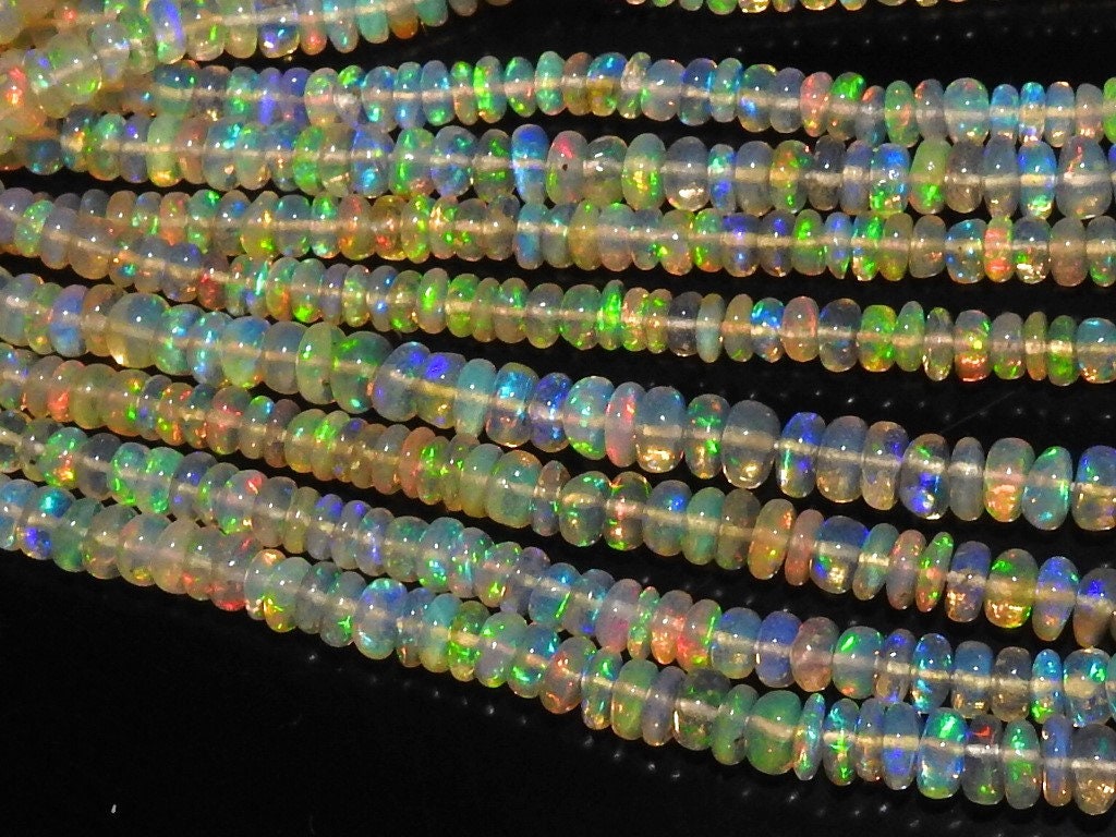 Natural Ethiopian Opal Smooth Rondelle Beads 16" Strand, Multi Color Flashy Fire Loose Gemstone Beads, DIY Birthstone Jewelry Supplies