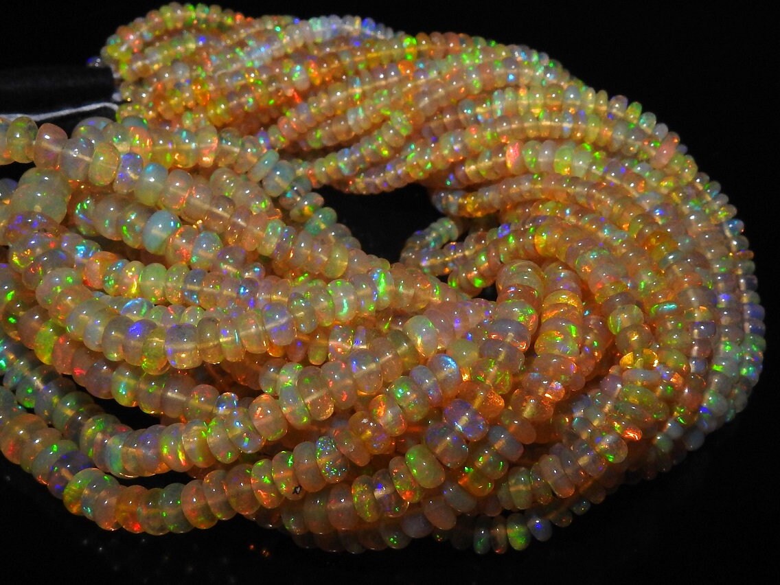 Natural Ethiopian Opal Smooth Roundel Bead Strand, Multi Flashy Fire Welo Opal Beads for Jewelry Making, 4-6mm 16 Inch Gemstone Strand MSEO2