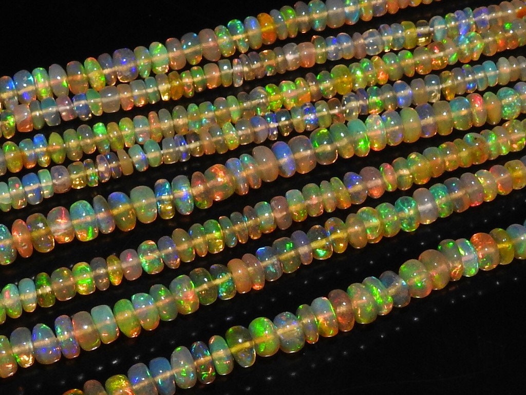 Natural Ethiopian Opal Smooth Roundel Bead Strand, Multi Flashy Fire Welo Opal Beads for Jewelry Making, 4-6mm 16 Inch Gemstone Strand MSEO2